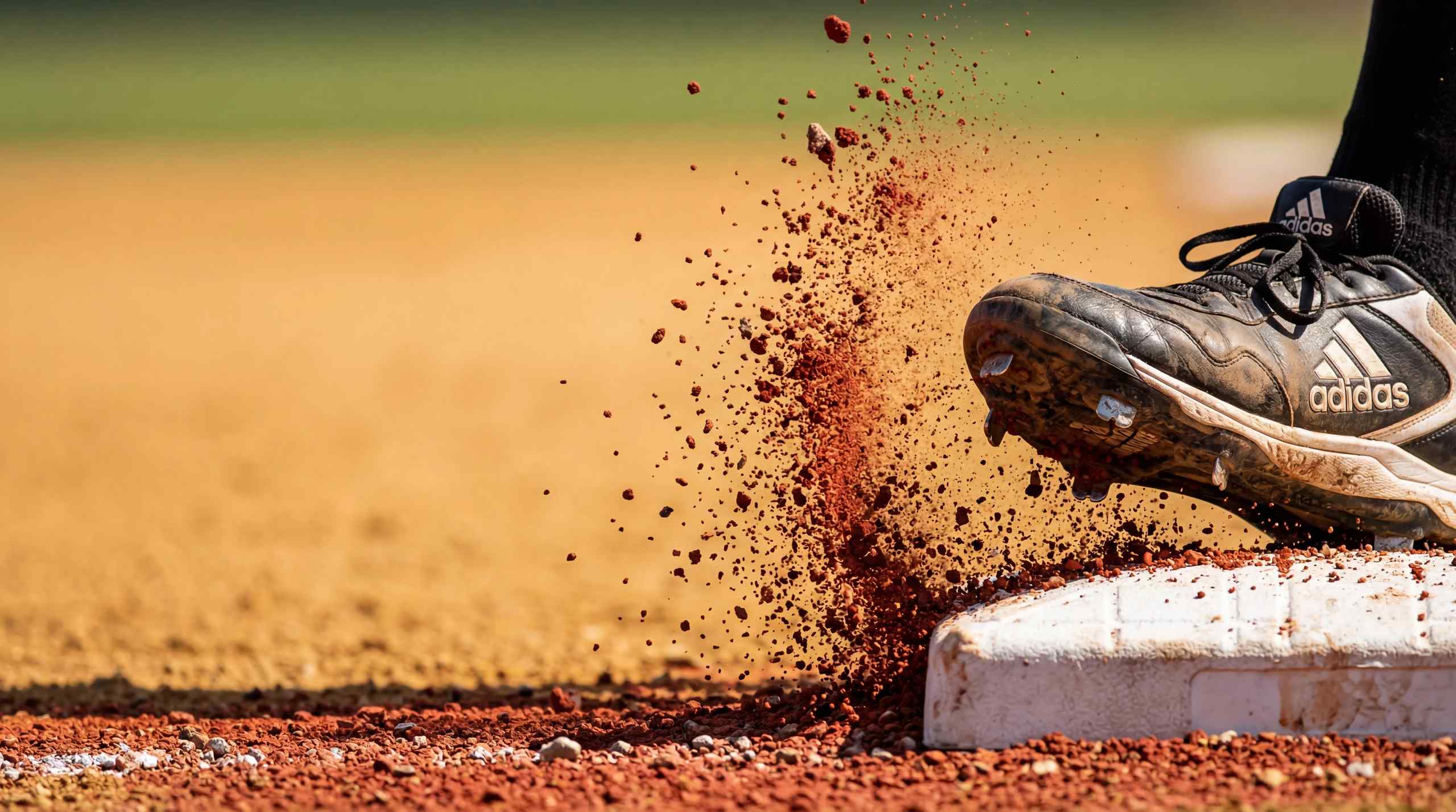 A cleat hitting a base and kicking up dirt.